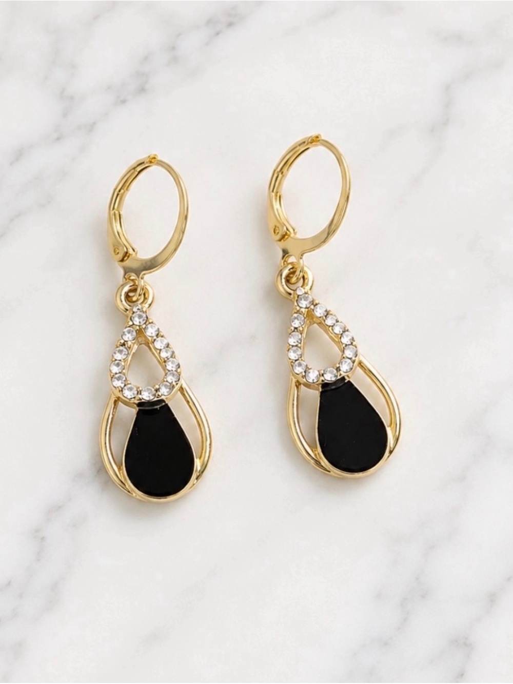 Drop Earrings with Onyx Color Teardrop Stone And White Accents-Gold Hardware